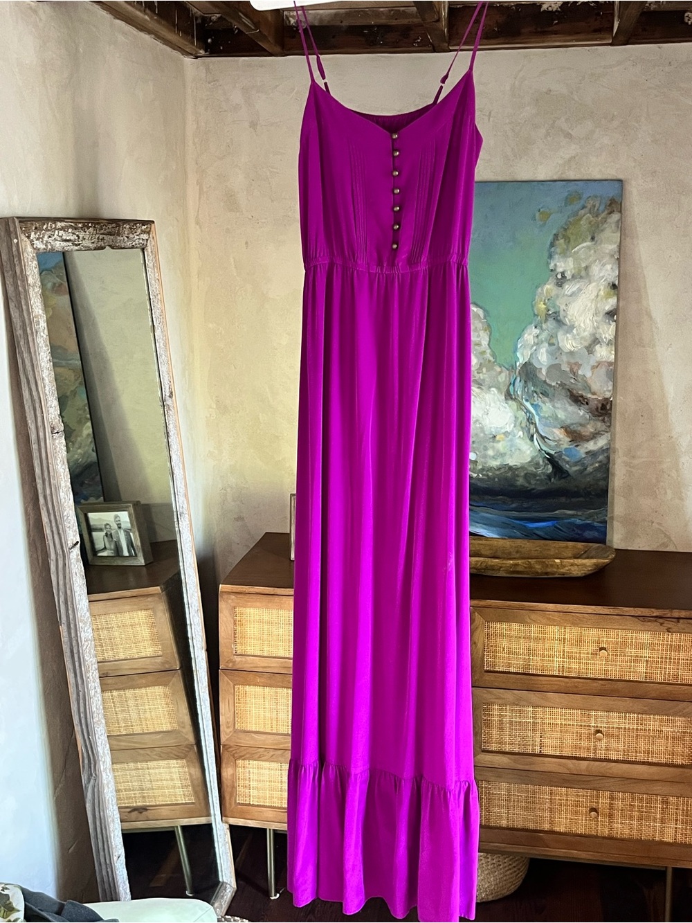 Twelfth Street by Cynthia Vincent 100% Silk Fuchsia Maxi Dress with button front
